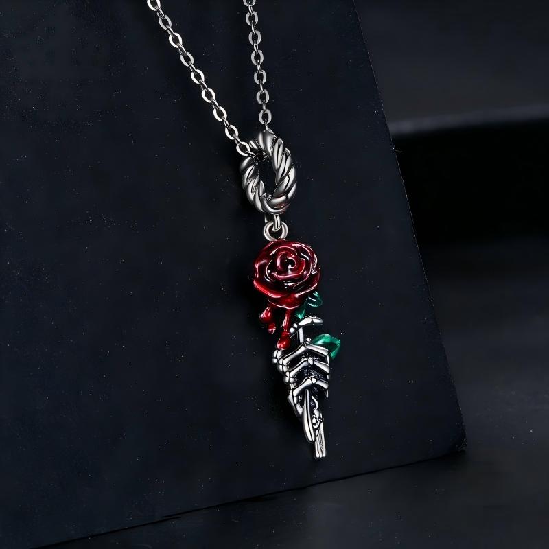 “Crimson Bloom” S925 Sterling Silver Skull Hand Red Rose Pendant