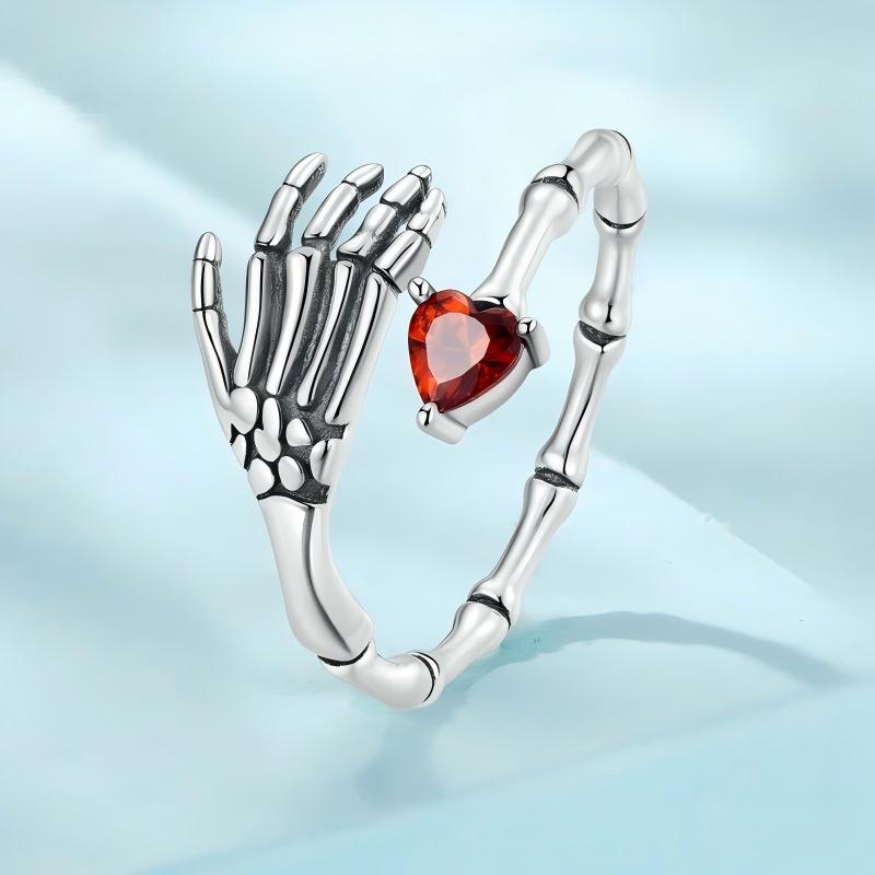 “Crimson Grip” S925 Sterling Silver Open Adjustable Skull Hand Heart Ring