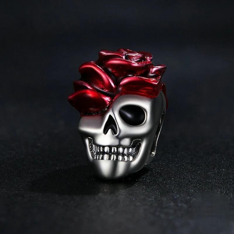 “Crimson Rose Skull” S925 Sterling Silver Halloween Bead