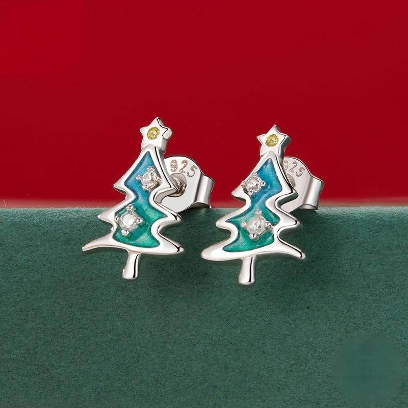 “Evergreen Spark” S925 Sterling Silver Christmas Tree Stud Earrings
