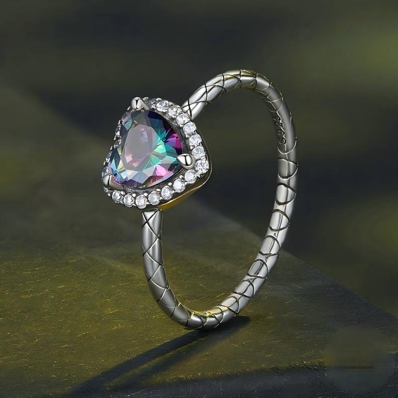 “Midnight Rainbow” S925 Sterling Silver Colorful Heart Vintage Ring