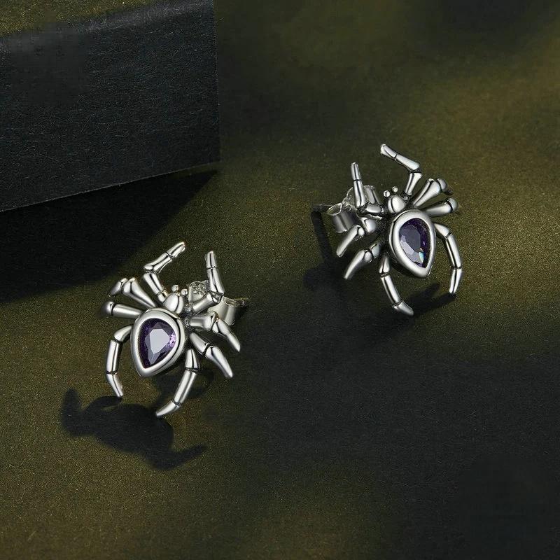 “Web Noir” S925 Sterling Silver Zircon Spider Stud Earrings