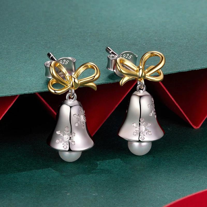“Winter Jingle” S925 Sterling Silver Christmas Bell Bow Stud Earrings