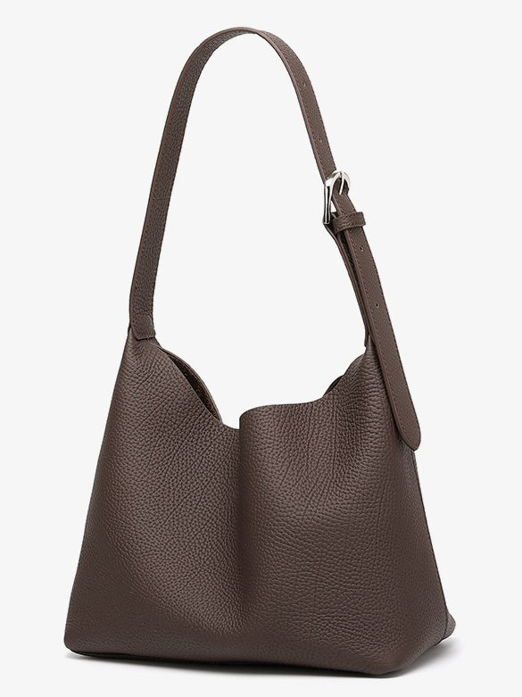 Women's TC Full-Grain Cowhide Hobo Bucket Bag with Adjustable Strap