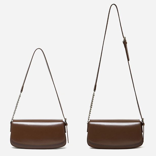 Women's Soft Cowhide Baguette Saddle Bag with Chain Strap