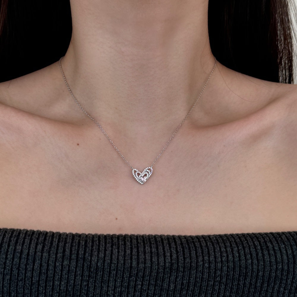S925 Sterling Silver Endless Love Triple Heart Necklace Pink CZ Layered Pendant