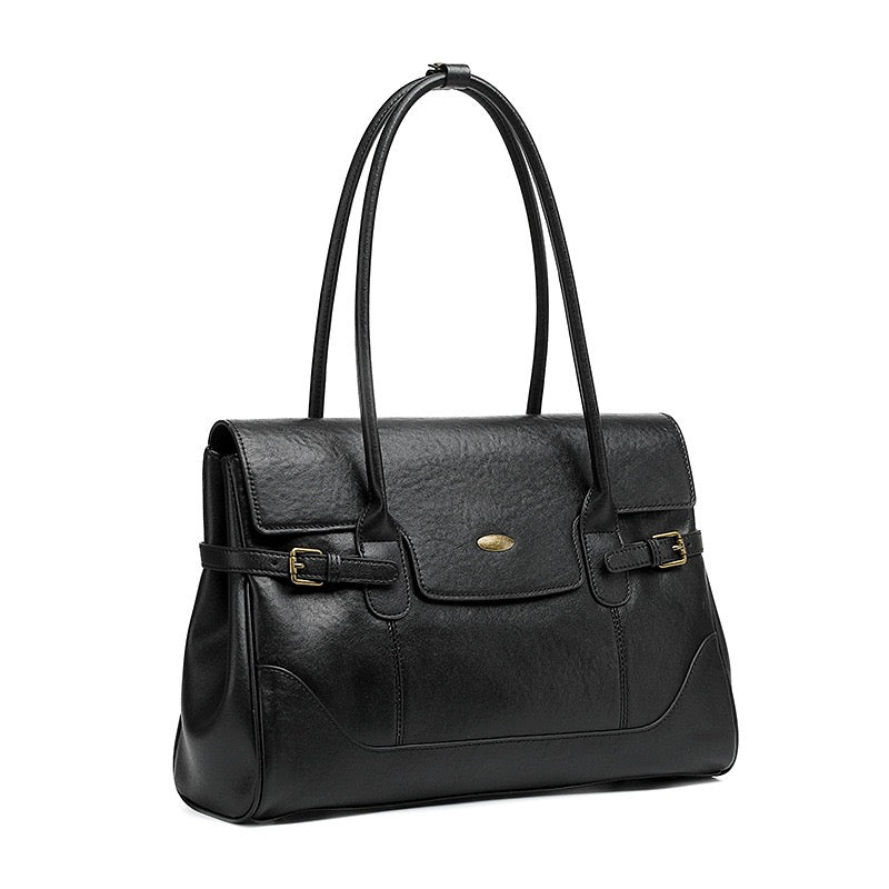 Women's Genuine Leather Large Shoulder Tote with Buckle Detail