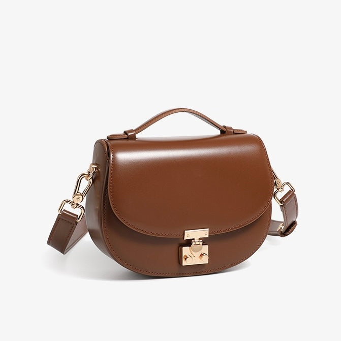 Women's Genuine Leather Compact Saddle Shoulder Bag with Clasp Closure