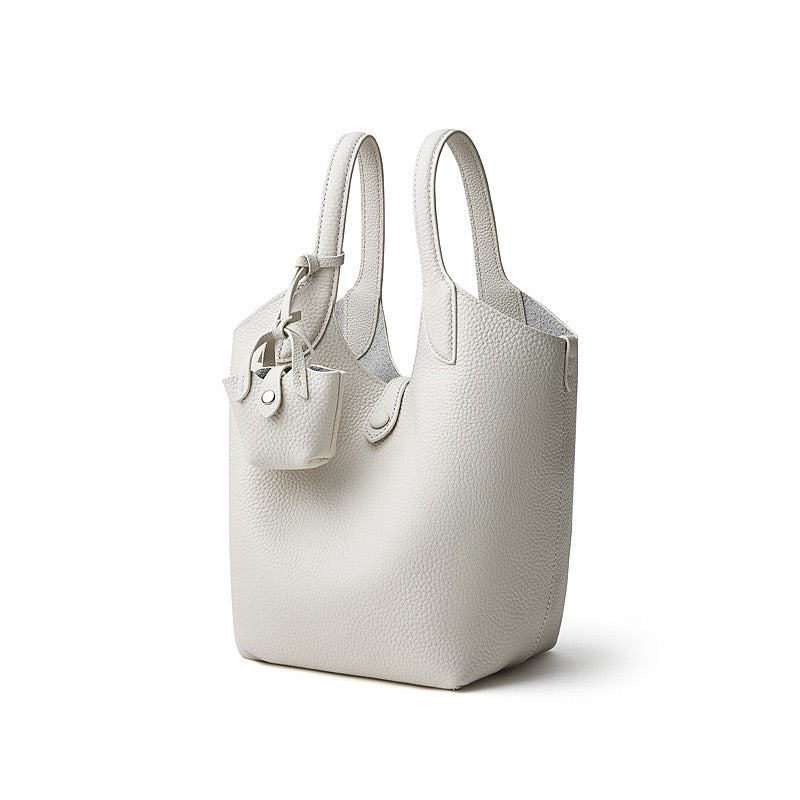 Women's Genuine Leather Pebbled Bucket Bag with Mini Pouch