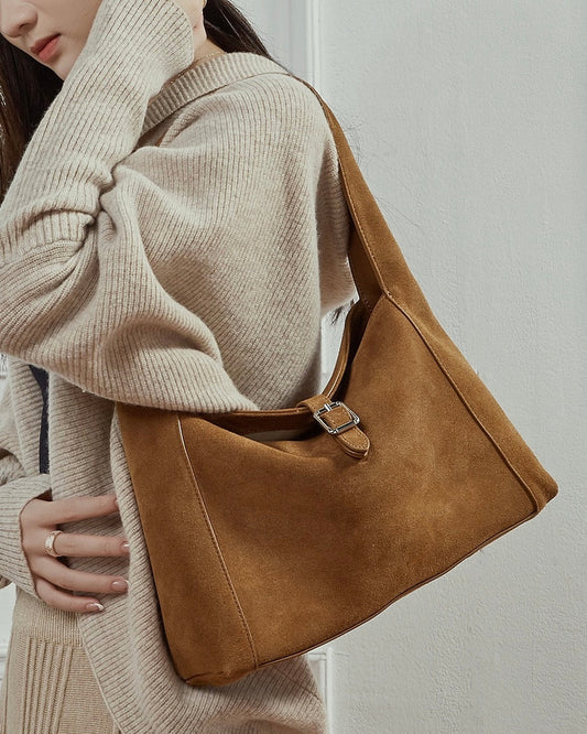 Women's Suede Leather Buckle Accent Shoulder Bag
