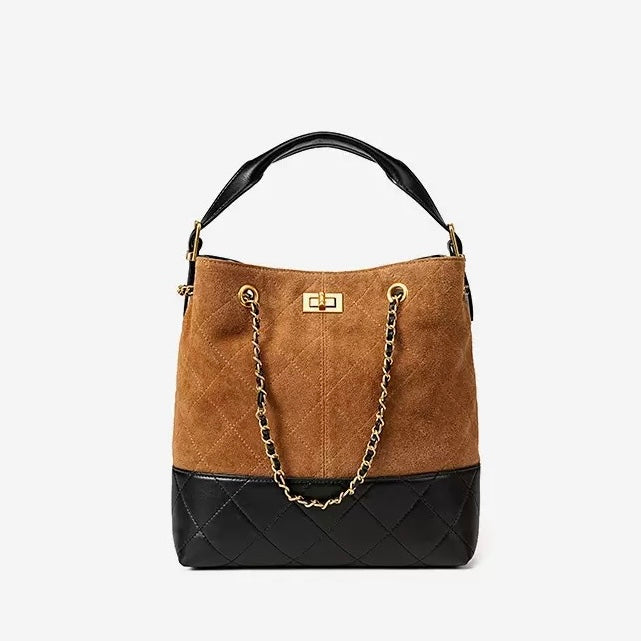 Women's Genuine Leather Suede Colorblock Chain Bucket Bag