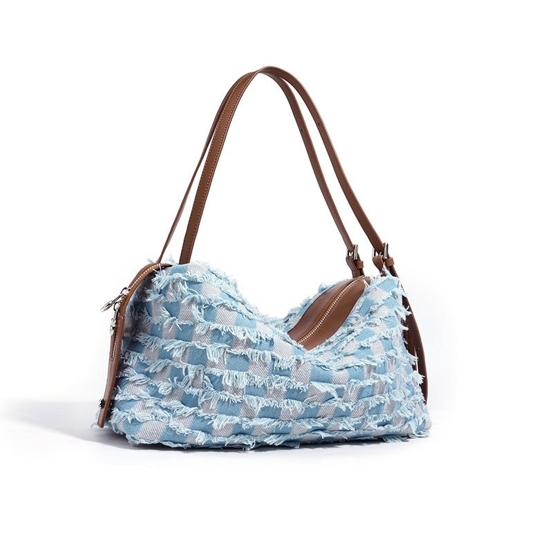 Women's Genuine Leather Denim Patchwork Shoulder Bag