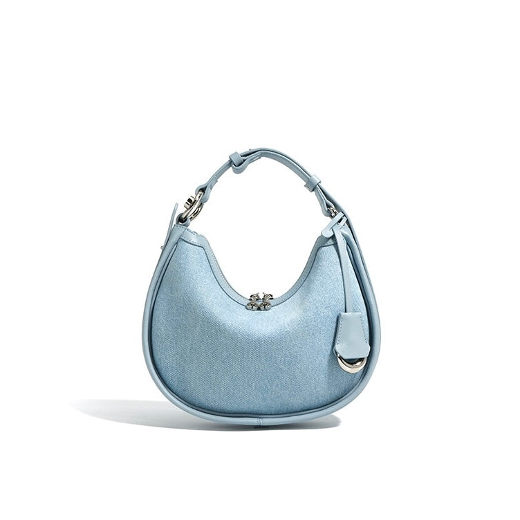 Women's Genuine Leather & Denim Crescent Shoulder Bag