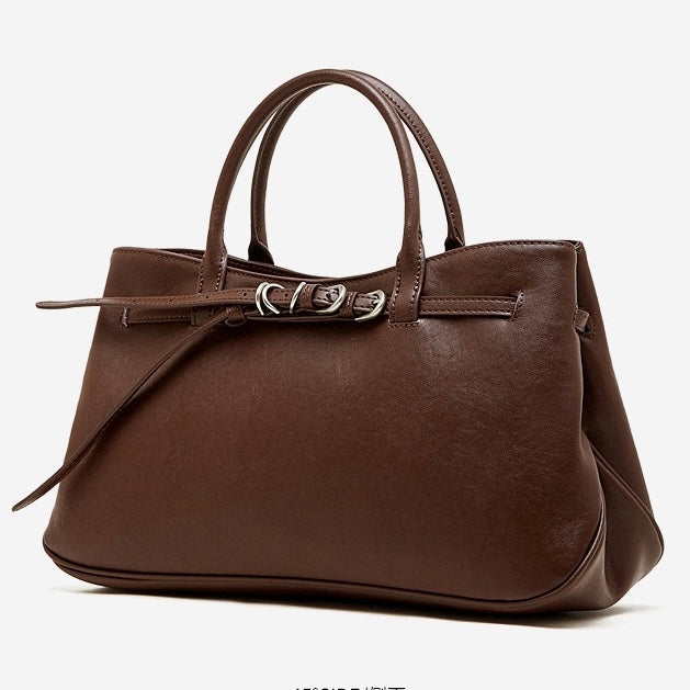 Women's Textured Cowhide Retro Ring-Buckle Tote Bag