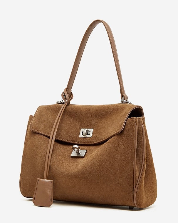 Women's Soft Suede Cowhide Lock Top-Handle Bag