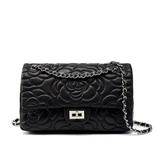 Women's Genuine Sheepskin Quilted Camellia Chain Crossbody Bag with Lock Closure