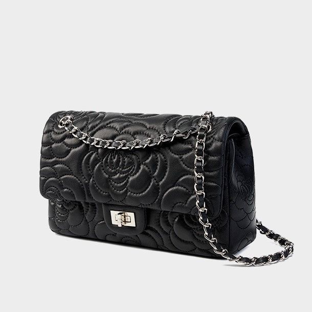 Women's Genuine Sheepskin Quilted Camellia Chain Crossbody Bag with Lock Closure