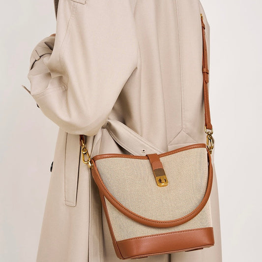 Women's Woven Colorblock Cowhide Shoulder Bucket Bag