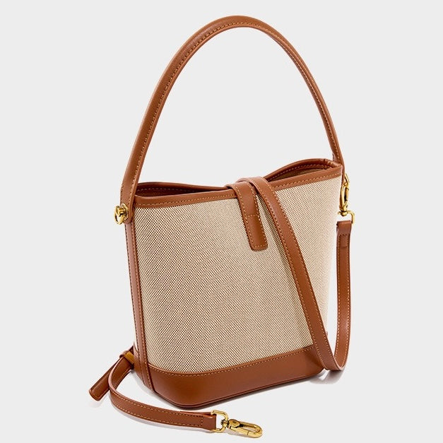 Women's Woven Colorblock Cowhide Shoulder Bucket Bag
