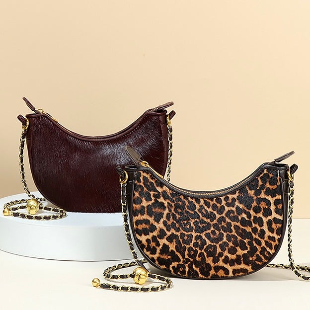 Women's Genuine Leather Leopard Print Half Moon Crossbody Bag