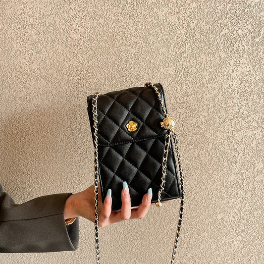 Women's Genuine Leather Quilted Chain Mini Phone Crossbody Bag
