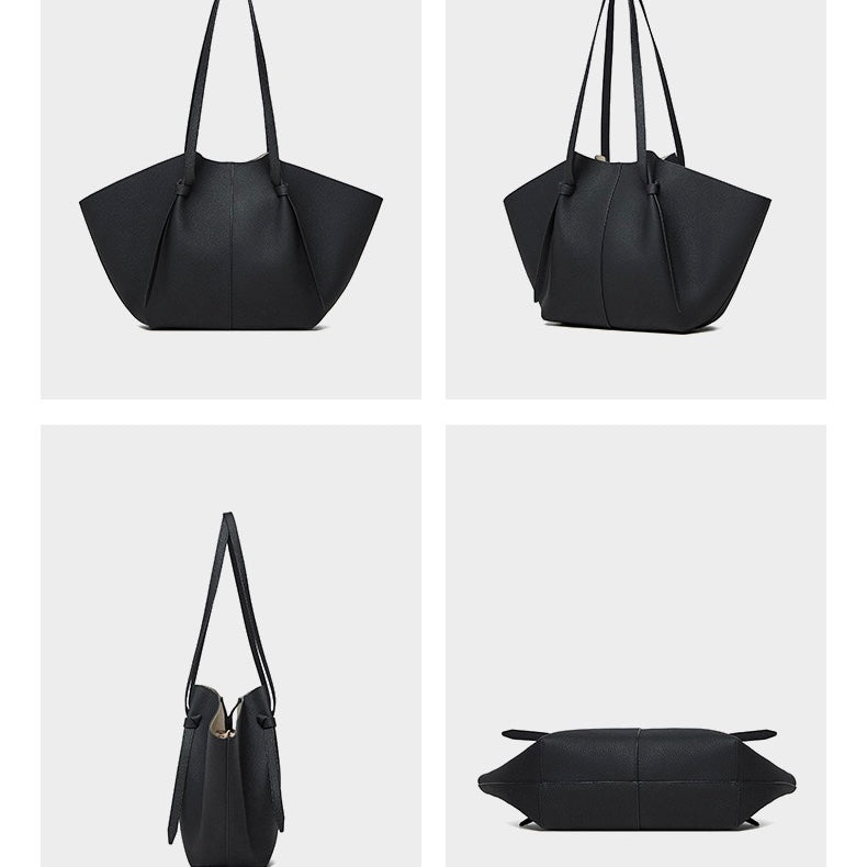 Women's Genuine Leather Textured Tote Bag with Matching Pouch
