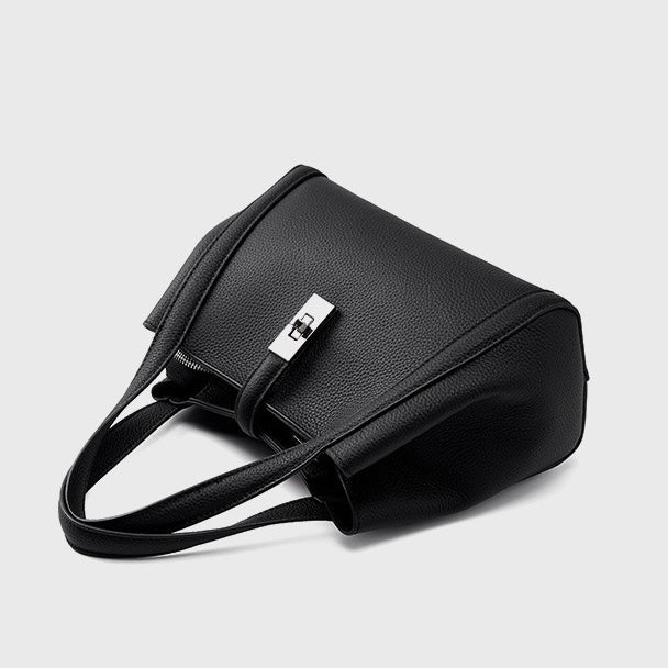 Women's Genuine Leather Lock Bucket Handbag with Shoulder Strap