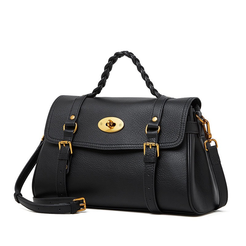 Women's Genuine Leather Braided Handle Satchel Bag with Buckle