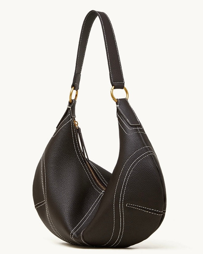 Women's Full-Grain Cowhide Half-Moon Hobo with Contrast Stitching