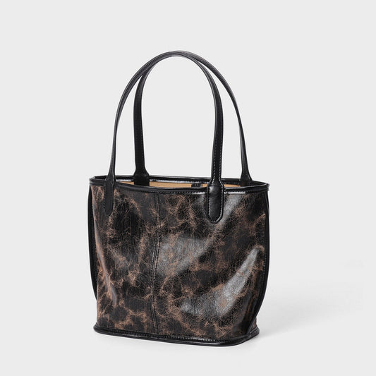 Women's Genuine Leather Vintage Basket Tote Bag with Pouch