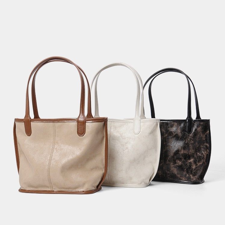 Women's Genuine Leather Vintage Basket Tote Bag with Pouch
