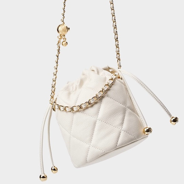 Women's Genuine Leather Bucket Bag with Chain Strap and Drawstring Closure