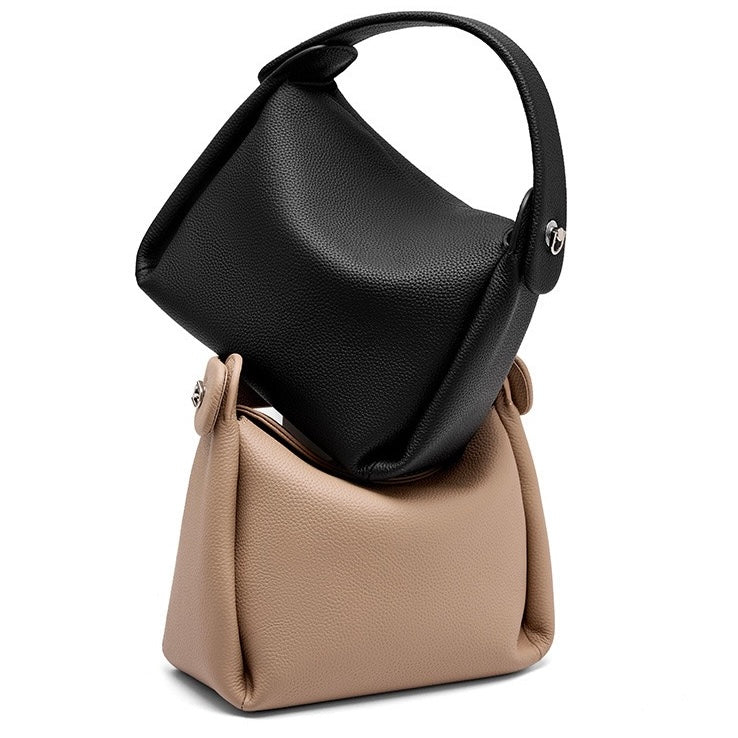 Women's Genuine Leather Box Shoulder Bag with Magnetic Closure and Crossbody Strap