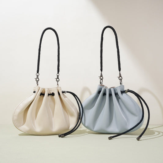 Women's Genuine Sheepskin Pleated Drawstring Crossbody Handbag