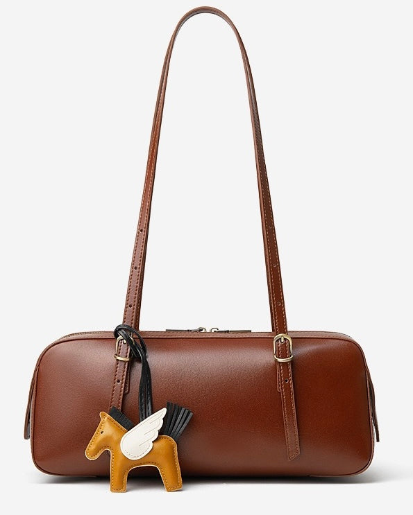 Women's Genuine Leather Retro Bowling Shoulder Bag with Horse Charm