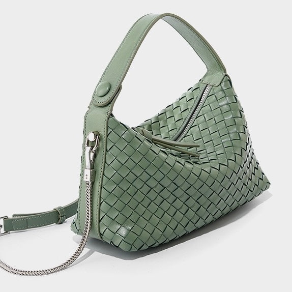 Women's Genuine Sheepskin Leather Woven Dumpling Clutch Bag with Chain Strap