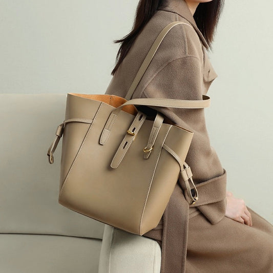 Women's Genuine Leather Vintage Lock Buckle Tote Bag with Large Capacity
