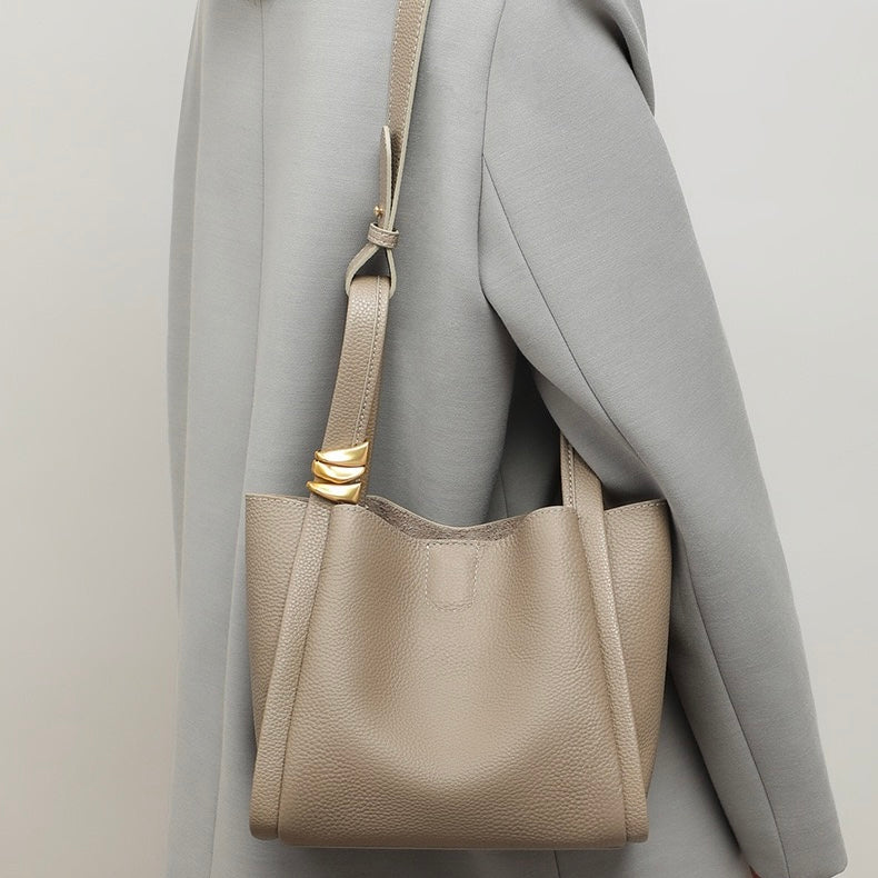 Women's Genuine Leather Mini Crossbody Bucket Bag with Inner Pouch