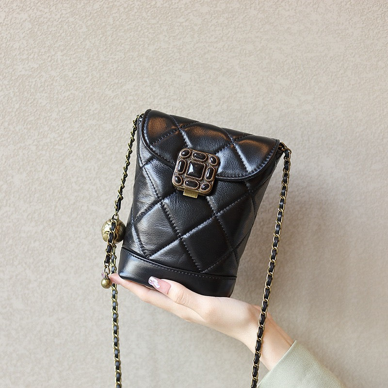Women's Genuine Leather Quilted Mini Phone Bag with Gold Ball Chain