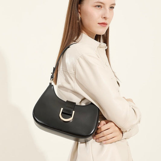 Women's Genuine Leather Soft Baguette Shoulder Bag with Top Handle