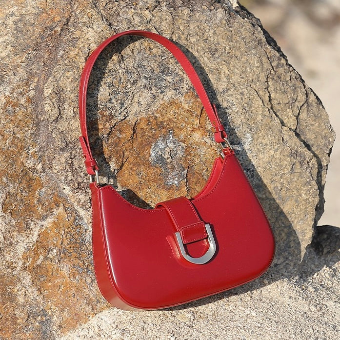 Women's Genuine Leather Soft Baguette Shoulder Bag with Top Handle