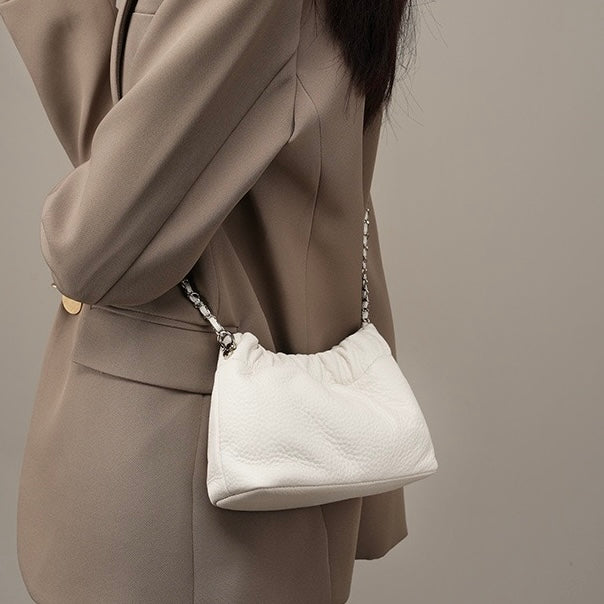 Women's Genuine Leather Cloud Pleated Shoulder Crossbody Bag with Chain Strap