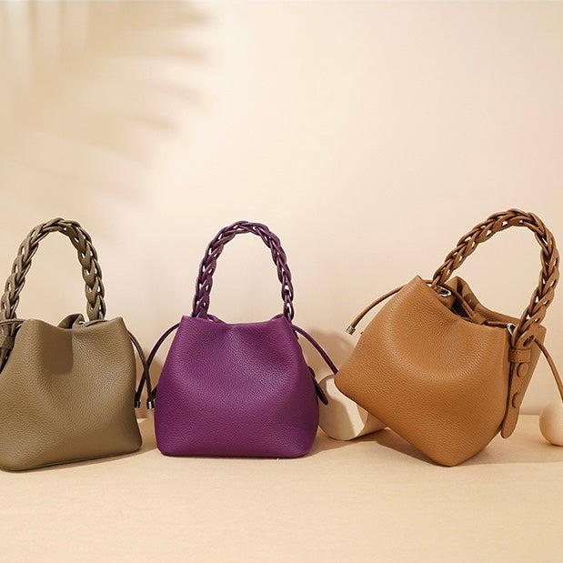 Women's Genuine Leather Bucket Bag with Drawstring Closure and Crossbody Strap