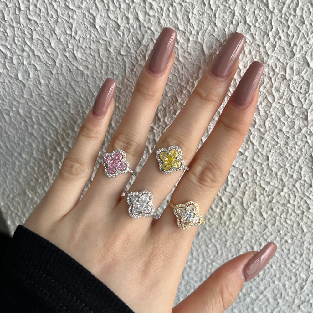 S925 Sterling Silver Four Leaf Clover CZ Ring White Pink Stone