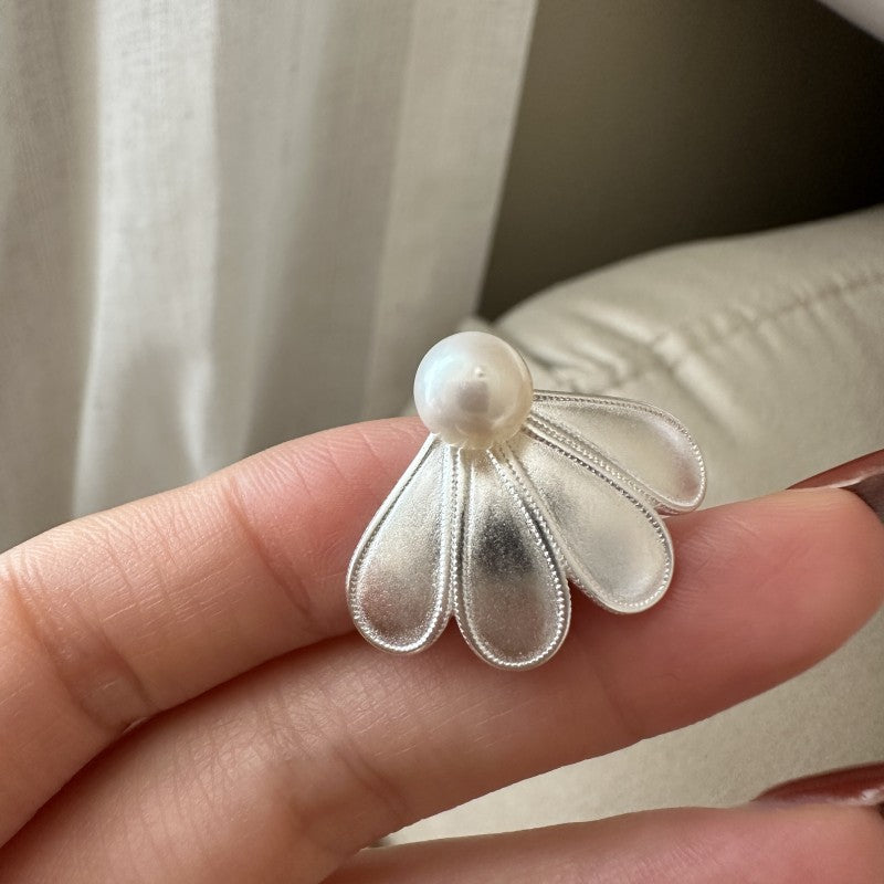 S925 Sterling Silver Petal Grace Pearl Earrings Floral Half Flower Vintage Stud
