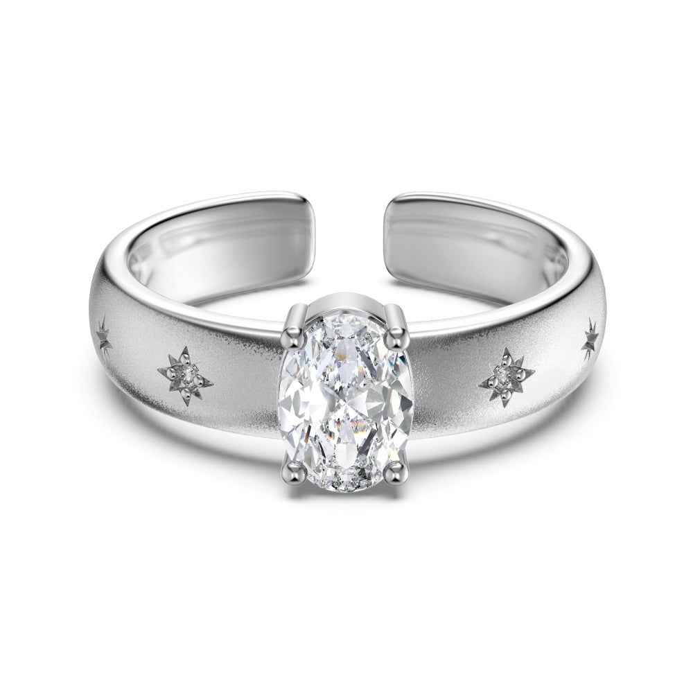 925 Sterling Silver Starlit Gleam Oval-Cut Open Ring with Star Motifs