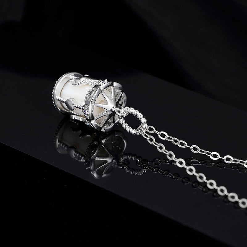 925 Sterling Silver Carousel Charm Necklace Rotating Horse White Gold Pendant