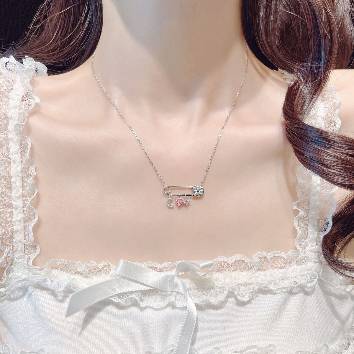 S925 Sterling Silver Safety Pin Necklace Adjustable Chain