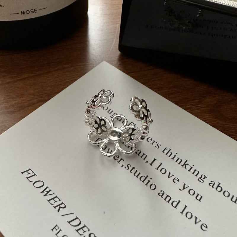 925 Sterling Silver Bloom Petite Flower Zircon Open Adjustable Ring Korean Minimalist