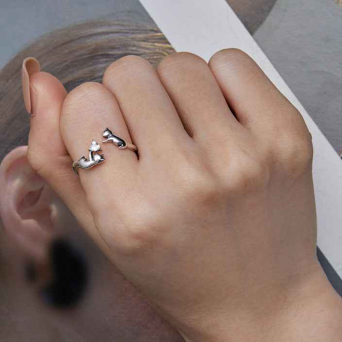 Kitty’s Treasure S925 Silver Heart Zircon Cat Adjustable Ring